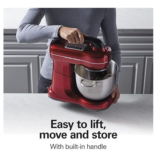  Hamilton Beach Electric Stand Mixer, 4 Quarts, Dough Hook, Flat Beater Attachments, Splash Guard 7 Speeds with Whisk, Red