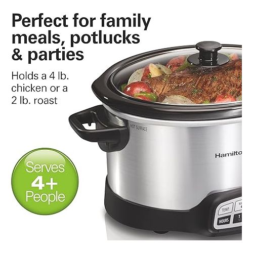  Hamilton Beach Programmable Slow Cooker with Flexible Easy Programming, 5 Cooking Times, Dishwasher-Safe Crock, Lid, 4 Quart, Silver