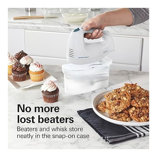  Hamilton Beach 6-Speed Electric Hand Mixer with Whisk, Traditional Beaters, Snap-On Storage Case, 250 Watts, White