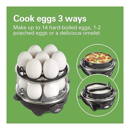  Hamilton Beach 3-in-1 Electric Egg Cooker for Hard Boiled Eggs, Poacher, Omelet Maker & Vegetable Steamer, Holds 14, Black (25508)