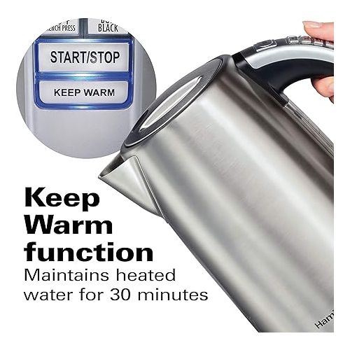  Hamilton Beach Temperature Control Electric Tea Kettle, Water Boiler & Heater, 1.7 Liter, Fast Boiling 1500 Watts, BPA Free, Cordless, Auto-Shutoff and Boil-Dry Protection, Stainless Steel (41020R)