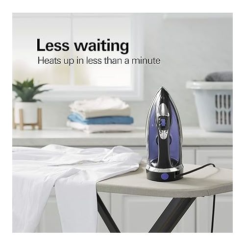  Hamilton Beach Steam Iron for Clothes & Garment Steamer with Smooth Press Stainless Steel Soleplate, 1200 Watts, 8’ Retractable Cord, Black (14214)