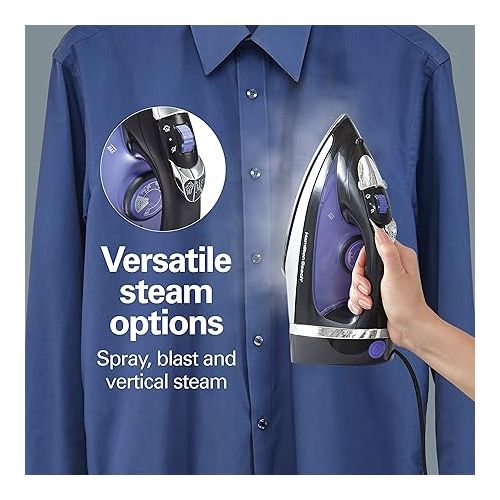  Hamilton Beach Iron & Garment Steamer for Clothes with Smooth Press Stainless Steel Soleplate, 1200 Watts, 8’ Retractable Cord, Black (14214)