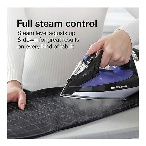  Hamilton Beach Steam Iron for Clothes & Garment Steamer with Smooth Press Stainless Steel Soleplate, 1200 Watts, 8’ Retractable Cord, Black (14214)