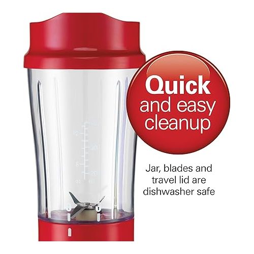  Hamilton Beach Portable Blender for Shakes and Smoothies with 14 Oz BPA Free Travel Cup and Lid, Durable Stainless Steel Blades for Powerful Blending Performance, Red (51101RV)