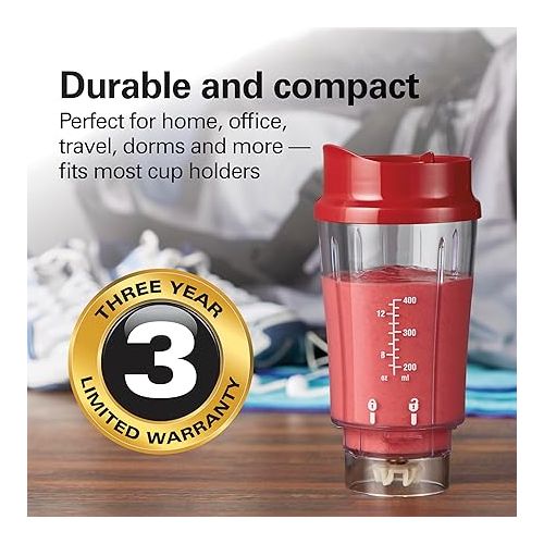  Hamilton Beach Portable Blender for Shakes and Smoothies with 14 Oz BPA Free Travel Cup and Lid, Durable Stainless Steel Blades for Powerful Blending Performance, Red (51101RV)
