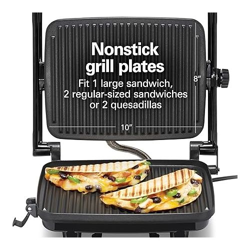  Hamilton Beach Panini Press Sandwich Maker & Electric Indoor Grill with Locking Lid, Opens 180 Degrees for any Thickness for Quesadillas, Burgers & More, Nonstick 8