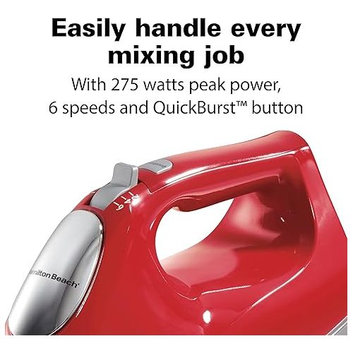 Hamilton Beach 6-Speed Electric Hand Mixer with Whisk, Traditional Beaters, Dough Hooks, Snap-On Storage Case, 275 Watts, Red
