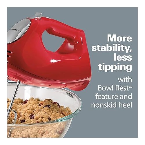  Hamilton Beach 6-Speed Electric Hand Mixer with Whisk, Traditional Beaters, Dough Hooks, Snap-On Storage Case, 275 Watts, Red