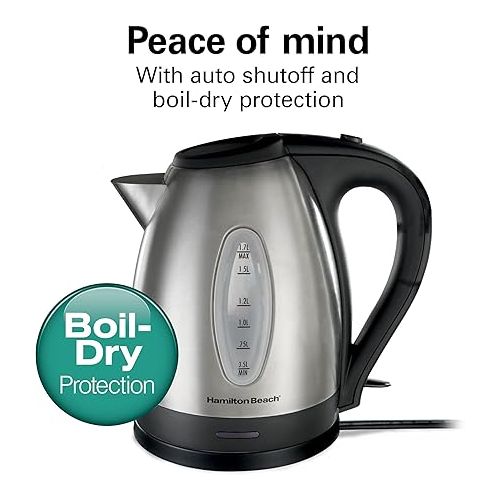  Hamilton Beach Electric Tea Kettle, Water Boiler & Heater, 1.7 Liter, Cordless Serving, 1500 Watts for Fast Boiling, Auto-Shutoff and Boil-Dry Protection, Stainless Steel (40880)