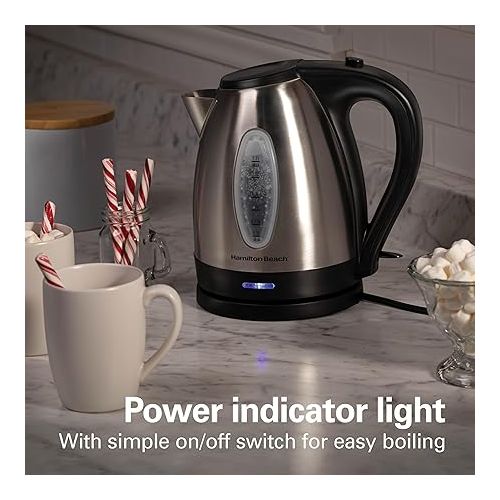  Hamilton Beach Electric Tea Kettle, Water Boiler & Heater, 1.7 Liter, Cordless Serving, 1500 Watts for Fast Boiling, Auto-Shutoff and Boil-Dry Protection, Stainless Steel (40880)