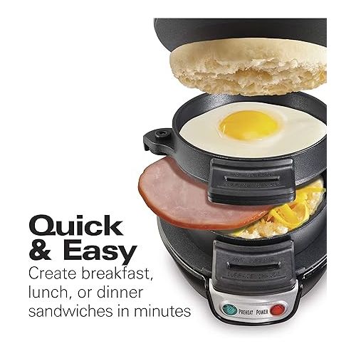  Hamilton Beach Breakfast Sandwich Maker with Egg Cooker Ring, Customize Ingredients, Perfect for English Muffins, Croissants, Mini Waffles, Perfect White Elephant Gifts, Black (25477)