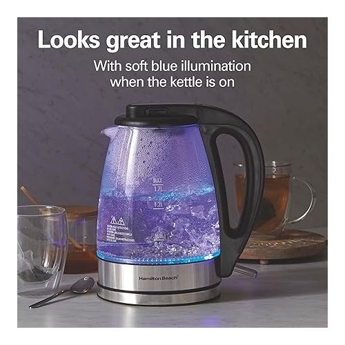  Hamilton Beach 1.7L Electric Tea Kettle, Water Boiler & Heater, LED Indicator, Built-In Mesh Filter, Auto-Shutoff & Boil-Dry Protection, Cordless Serving, Clear Glass (40864)