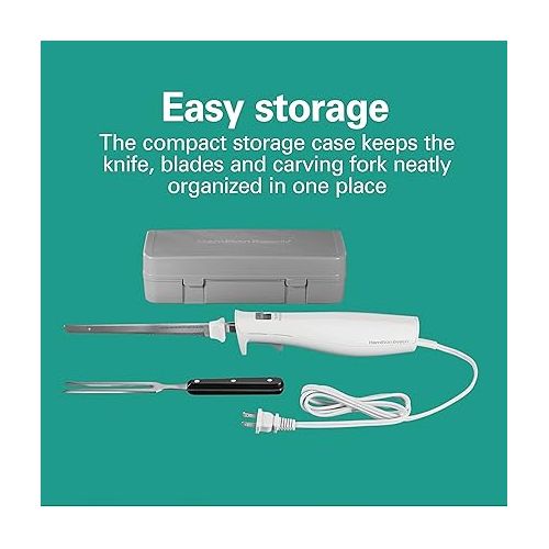  Hamilton Beach Electric Knife Set for Carving Meats, Poultry, Bread, Crafting Foam & More, Reciprocating Serrated Stainless Steel Blades, Ergonomic Design Storage Case + Fork Included, 5 Foot Cord
