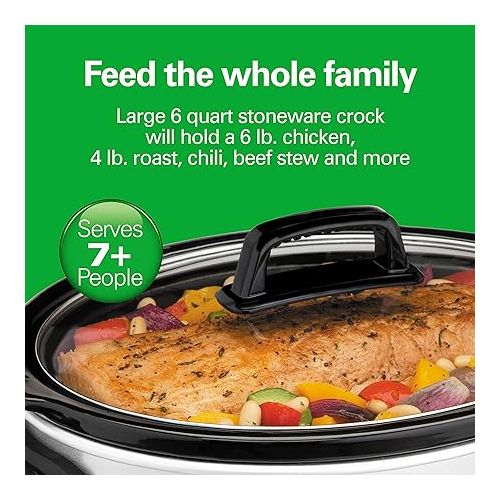  Hamilton Beach 6-Quart Slow Cooker with 3 Cooking Settings, Dishwasher-Safe Stoneware Crock & Glass Lid, Silver (33665G)