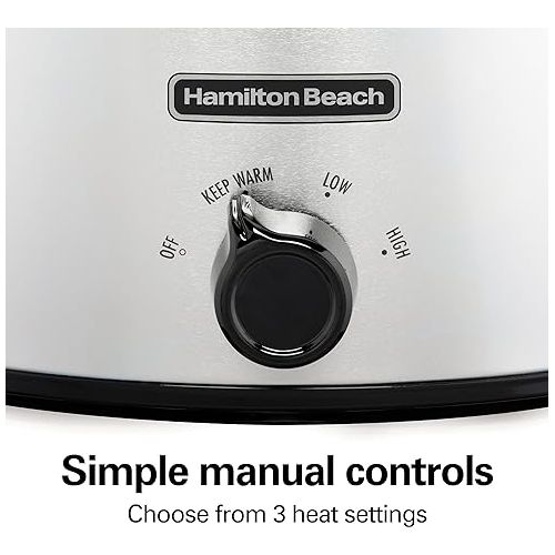  Hamilton Beach 6-Quart Slow Cooker with 3 Cooking Settings, Dishwasher-Safe Stoneware Crock & Glass Lid, Silver (33665G)