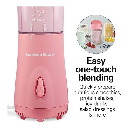  Hamilton Beach Portable Blender for Shakes and Smoothies with 14 Oz BPA Free Travel Cup and Lid, Durable Stainless Steel Blades for Powerful Blending Performance, Coral (51171)