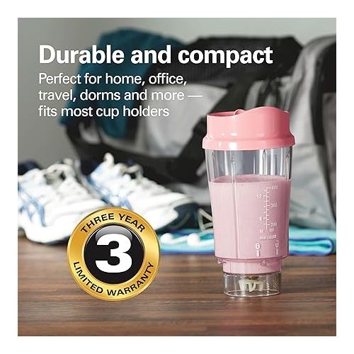  Hamilton Beach Portable Blender for Shakes and Smoothies with 14 Oz BPA Free Travel Cup and Lid, Durable Stainless Steel Blades for Powerful Blending Performance, Coral (51171)