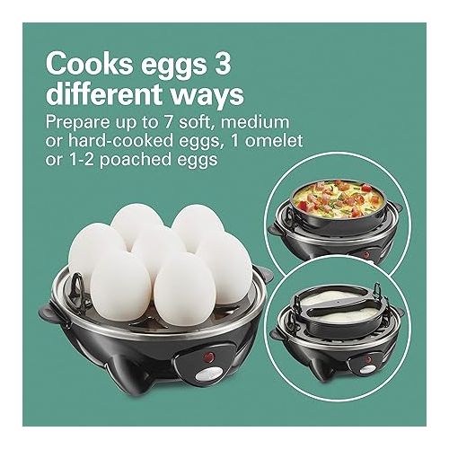  Hamilton Beach 3-in-1 Electric Egg Cooker for Hard Boiled Eggs, Poacher, Omelet Maker & Vegetable Steamer, Holds 7, Black (25507)