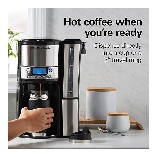  Hamilton Beach One Press Programmable Dispensing Drip Coffee Maker with 12 Cup Internal Brew Pot, Water Reservoir, Black and Silver (47950)