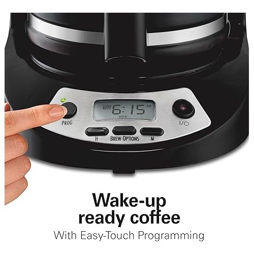  Hamilton Beach 12 Cup Programmable Drip Coffee Maker with 3 Brew Options, Glass Carafe, Auto Pause and Pour, Black with Stainless Accents (46299)