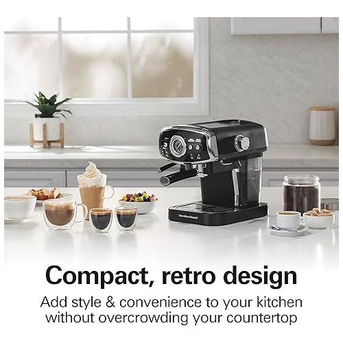  Hamilton Beach Slide & Lock Espresso Machine With Milk Frother Steam Wand For Cappuccino & Latte, 15 Bar Pump and Two Spouts, Removable Reservoir, Compact, Retro Design, Black (40730)