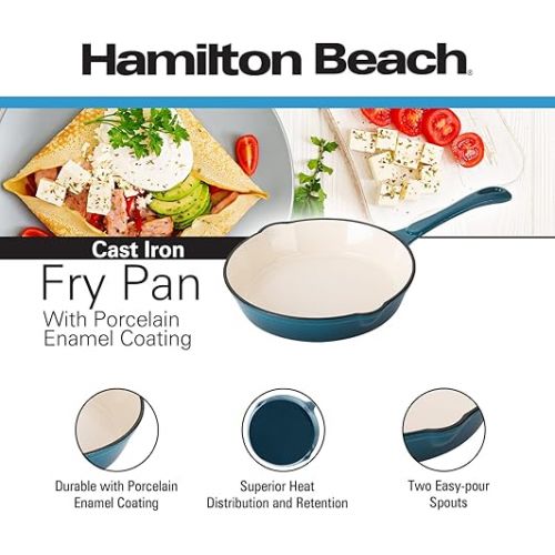  Hamilton Beach Enameled Cast Iron Fry Pan 10-Inch Navy, Cream Enamel Coating, Skillet Pan for Stove Top and Oven