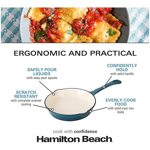  Hamilton Beach Enameled Cast Iron Fry Pan 10-Inch Navy, Cream Enamel Coating, Skillet Pan for Stove Top and Oven