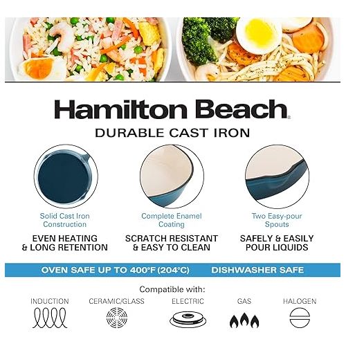  Hamilton Beach Enameled Cast Iron Fry Pan 10-Inch Navy, Cream Enamel Coating, Skillet Pan for Stove Top and Oven