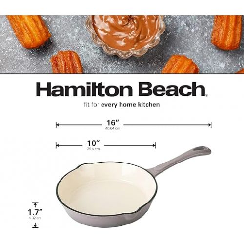  Hamilton Beach Enameled Cast Iron Fry Pan 10-Inch Gray, Cream Enamel Coating, Skillet Pan for Stove Top and Oven