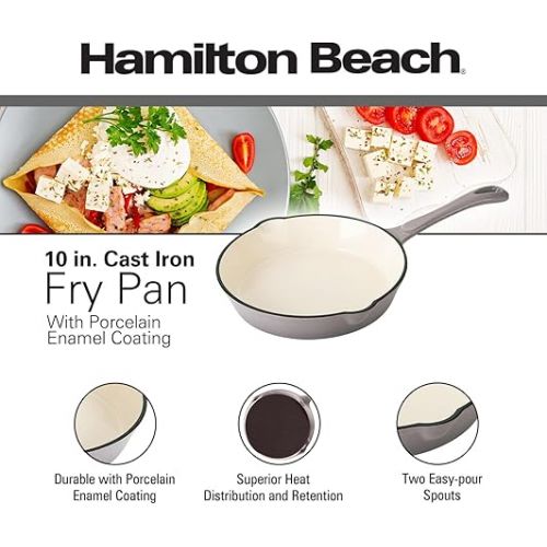  Hamilton Beach Enameled Cast Iron Fry Pan 10-Inch Gray, Cream Enamel Coating, Skillet Pan for Stove Top and Oven