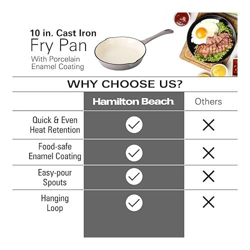  Hamilton Beach Enameled Cast Iron Fry Pan 10-Inch Gray, Cream Enamel Coating, Skillet Pan for Stove Top and Oven