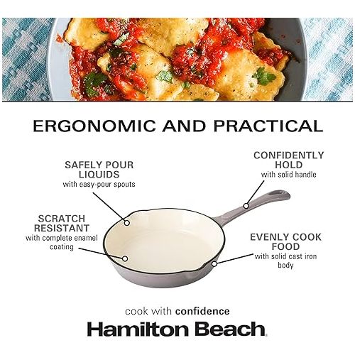  Hamilton Beach Enameled Cast Iron Fry Pan 10-Inch Gray, Cream Enamel Coating, Skillet Pan for Stove Top and Oven