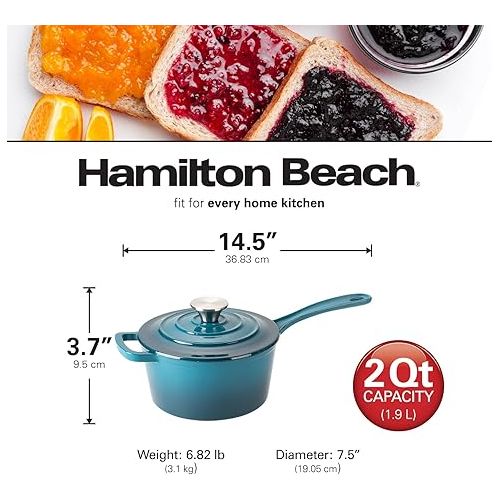  Hamilton Beach Enameled Cast Iron Sauce Pan 2-Quart Navy, Cream Enamel coating, Pot For Stove top and Oven Cooking, Even Heat Distribution, Safe Up to 400 Degrees, Durable