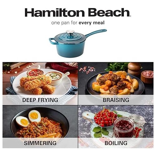  Hamilton Beach Enameled Cast Iron Sauce Pan 2-Quart Navy, Cream Enamel coating, Pot For Stove top and Oven Cooking, Even Heat Distribution, Safe Up to 400 Degrees, Durable