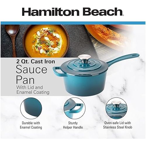  Hamilton Beach Enameled Cast Iron Sauce Pan 2-Quart Navy, Cream Enamel coating, Pot For Stove top and Oven Cooking, Even Heat Distribution, Safe Up to 400 Degrees, Durable