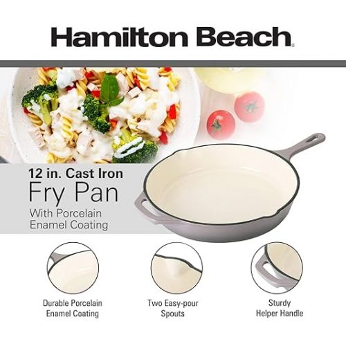  Hamilton Beach Enameled Cast Iron Fry Pan 12-Inch Gray, Cream Enamel Coating, Skillet Pan for Stove Top and Oven