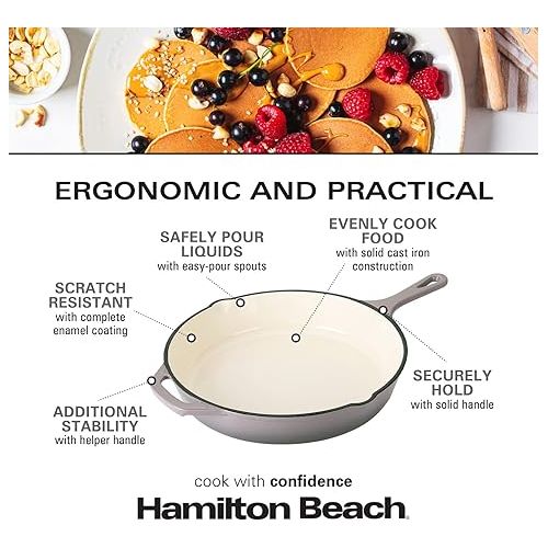  Hamilton Beach Enameled Cast Iron Fry Pan 12-Inch Gray, Cream Enamel Coating, Skillet Pan for Stove Top and Oven