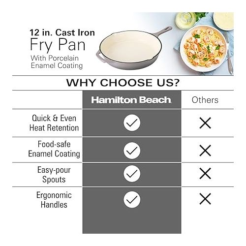  Hamilton Beach Enameled Cast Iron Fry Pan 12-Inch Gray, Cream Enamel Coating, Skillet Pan for Stove Top and Oven