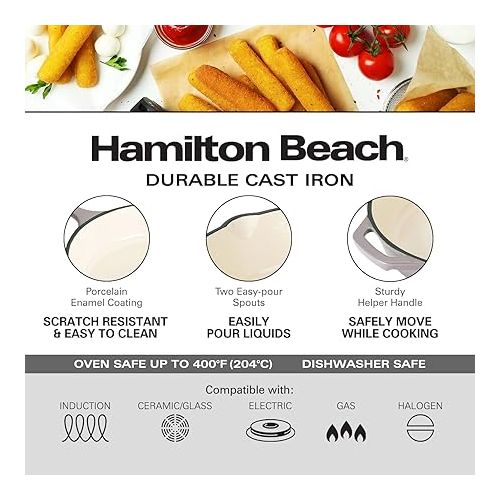  Hamilton Beach Enameled Cast Iron Fry Pan 12-Inch Gray, Cream Enamel Coating, Skillet Pan for Stove Top and Oven