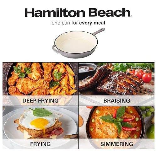  Hamilton Beach Enameled Cast Iron Fry Pan 12-Inch Gray, Cream Enamel Coating, Skillet Pan for Stove Top and Oven