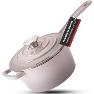 Hamilton Beach Enameled Cast Iron Sauce Pan 2-Quart Gray, Cream Enamel coating, Pot For Stove top and Oven Cooking, Even Heat Distribution, Safe Up to 400 Degrees, Durable