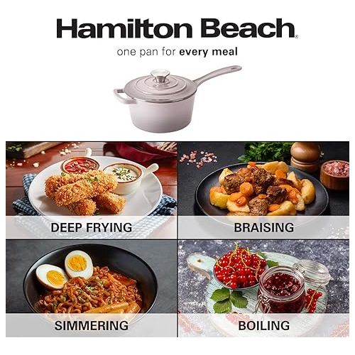  Hamilton Beach Enameled Cast Iron Sauce Pan 2-Quart Gray, Cream Enamel coating, Pot For Stove top and Oven Cooking, Even Heat Distribution, Safe Up to 400 Degrees, Durable