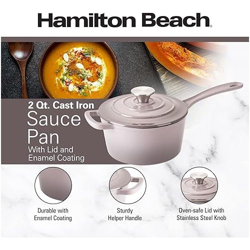  Hamilton Beach Enameled Cast Iron Sauce Pan 2-Quart Gray, Cream Enamel coating, Pot For Stove top and Oven Cooking, Even Heat Distribution, Safe Up to 400 Degrees, Durable