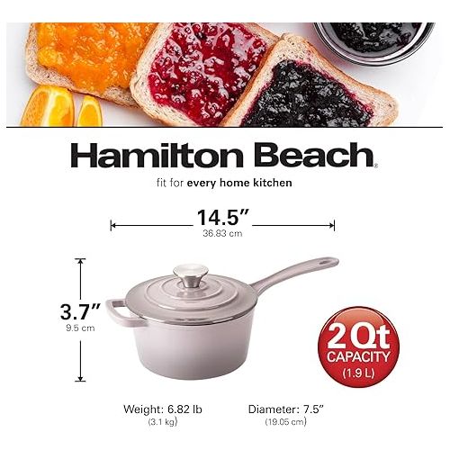  Hamilton Beach Enameled Cast Iron Sauce Pan 2-Quart Gray, Cream Enamel coating, Pot For Stove top and Oven Cooking, Even Heat Distribution, Safe Up to 400 Degrees, Durable