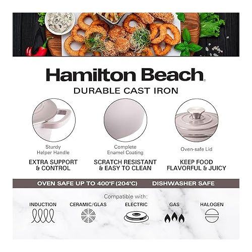  Hamilton Beach Enameled Cast Iron Sauce Pan 2-Quart Gray, Cream Enamel coating, Pot For Stove top and Oven Cooking, Even Heat Distribution, Safe Up to 400 Degrees, Durable