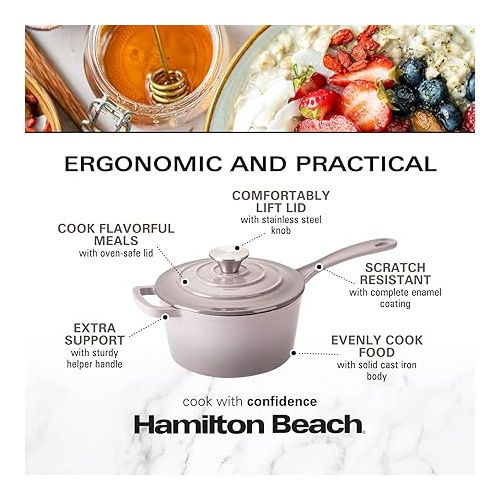  Hamilton Beach Enameled Cast Iron Sauce Pan 2-Quart Gray, Cream Enamel coating, Pot For Stove top and Oven Cooking, Even Heat Distribution, Safe Up to 400 Degrees, Durable