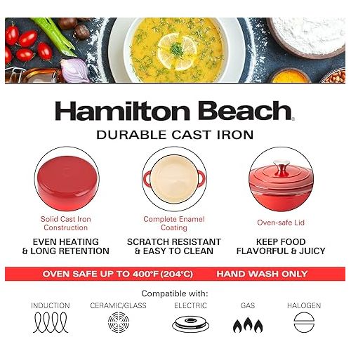  Hamilton Beach Enameled Cast Iron Dutch Oven 5.5-Quart Red, Cream Enamel Dutch Oven Pot with Lid