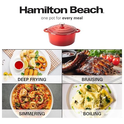  Hamilton Beach Enameled Cast Iron Dutch Oven 5.5-Quart Red, Cream Enamel Dutch Oven Pot with Lid