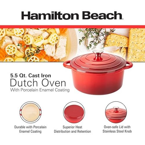  Hamilton Beach Enameled Cast Iron Dutch Oven 5.5-Quart Red, Cream Enamel Dutch Oven Pot with Lid